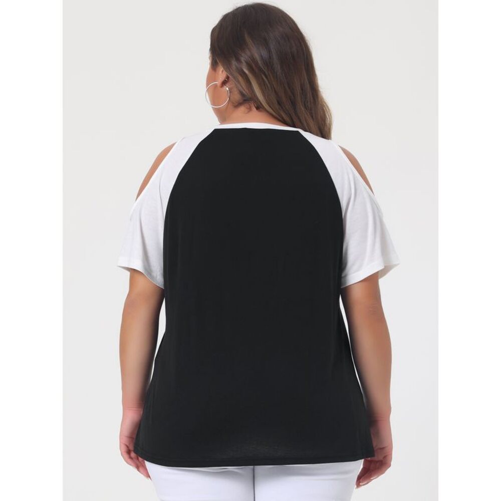 Plus Size Contrast Short Sleeve Cold Shoulder Shirts Tops Summer Blouse Black - Picture 4 of 5
